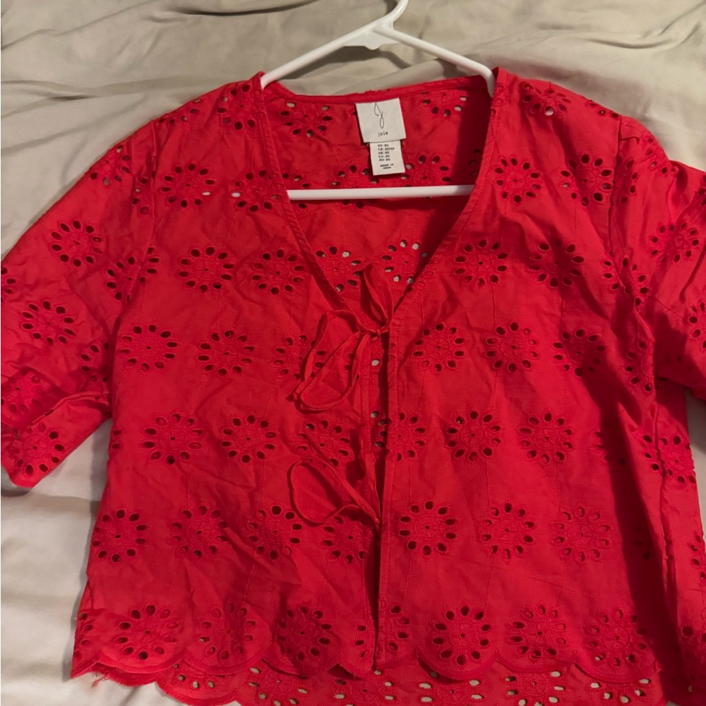 Joie Red Eyelet Boho Summer Short Sleeve Tie Front Cotton Top Shirt Blouse XS